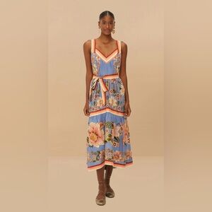 FARM Rio Blue Floral Midi Dress with Coral Trim